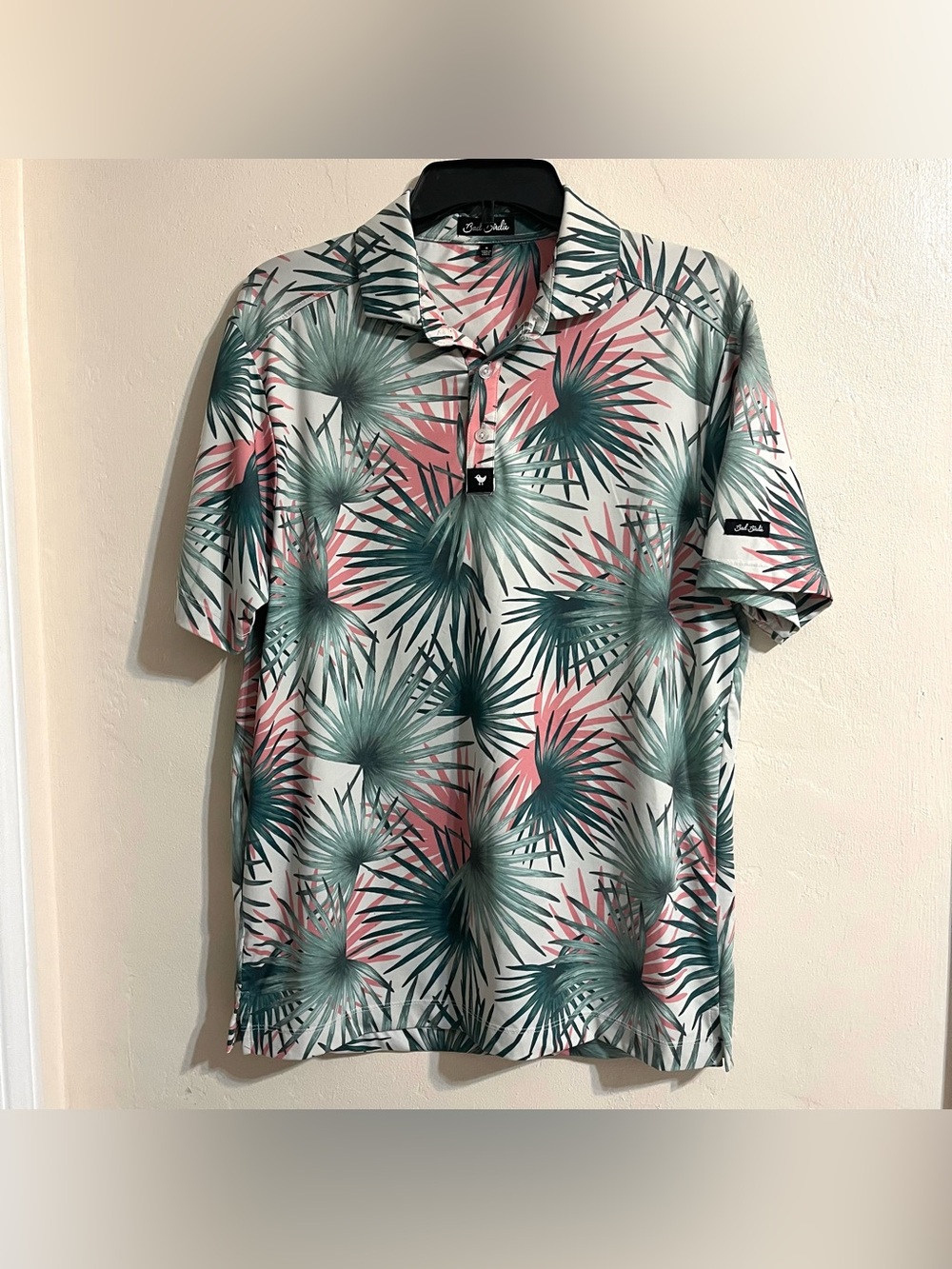 Bad Birdie “Hammock Hunter” Men’s Golf Polo Shirt Pink Green Tropical Size Small